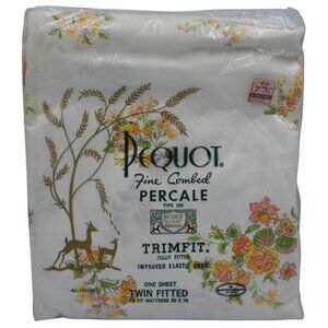 Vintage No Iron Percale Pequot Fitted Twin Bed Sheet Floral White NOS